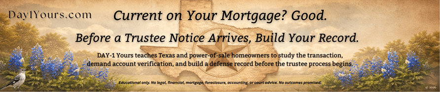 Day1Yours.com header for Texas and power-of-sale homeowners: Current on your mortgage? Good. Before a trustee notice arrives, build your record.