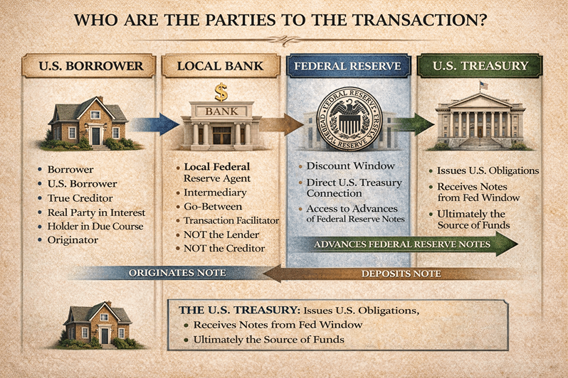 Illustrated diagram titled “Who Are the Parties to the Transaction?” showing a four-party financial transaction flow involving a U.S. borrower, a local bank, the Federal Reserve, and the U.S. Treasury. The borrower is shown originating and signing a note associated with a residential property. The local bank is depicted as an intermediary handling the transaction rather than as the originating source of funds. The diagram shows the note moving through the Federal Reserve discount window, with arrows indicating the deposit of the note and the advancement of Federal Reserve notes. The U.S. Treasury is shown issuing obligations and receiving notes through the Federal Reserve system, identified as the ultimate source of funds in the illustrated flow. Labels describe the roles of each party and the movement of the note through origination and deposit stages.